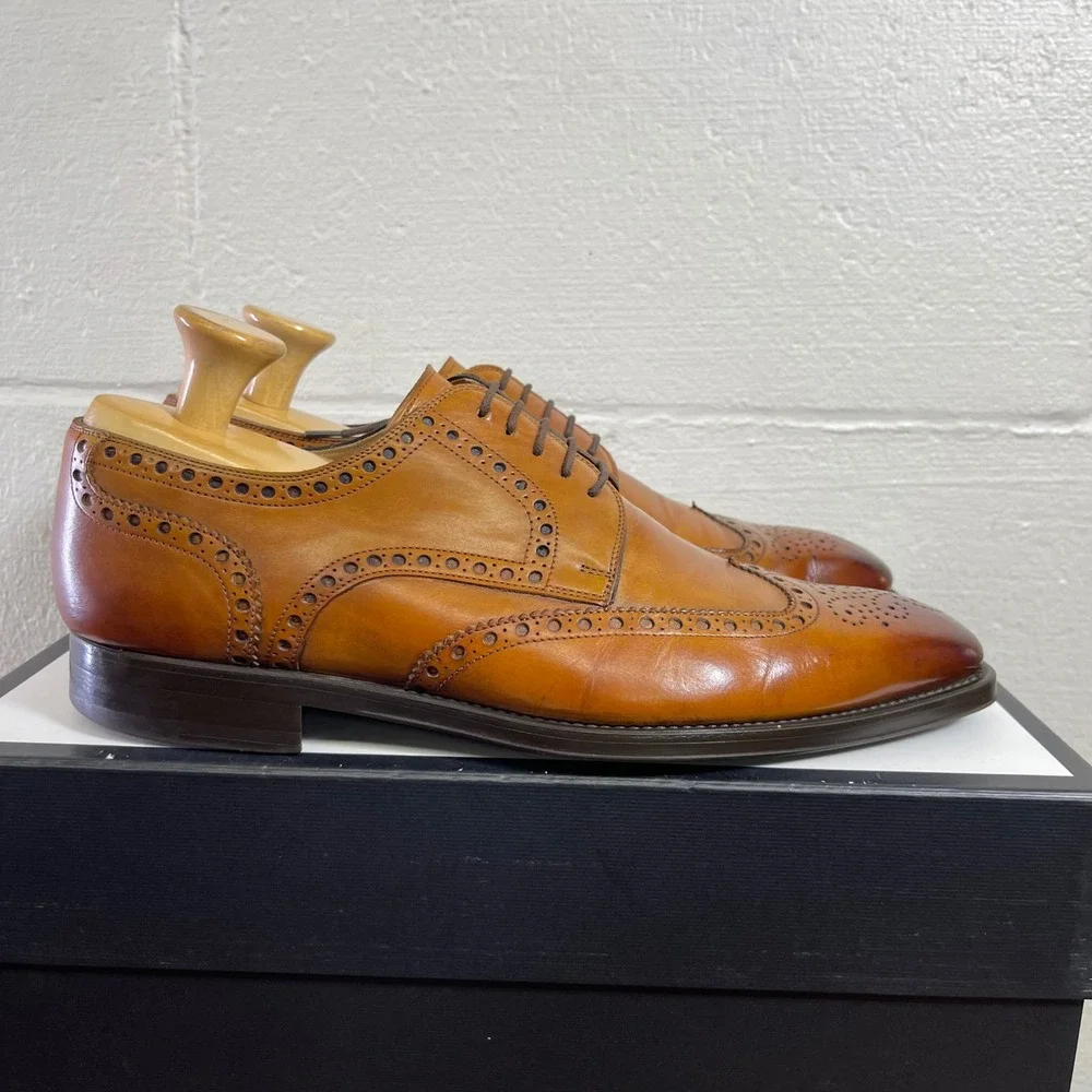 Magnanni Sergio 17529 Cognac Leather Wingtip Oxford Dress Shoes Men's 10 M